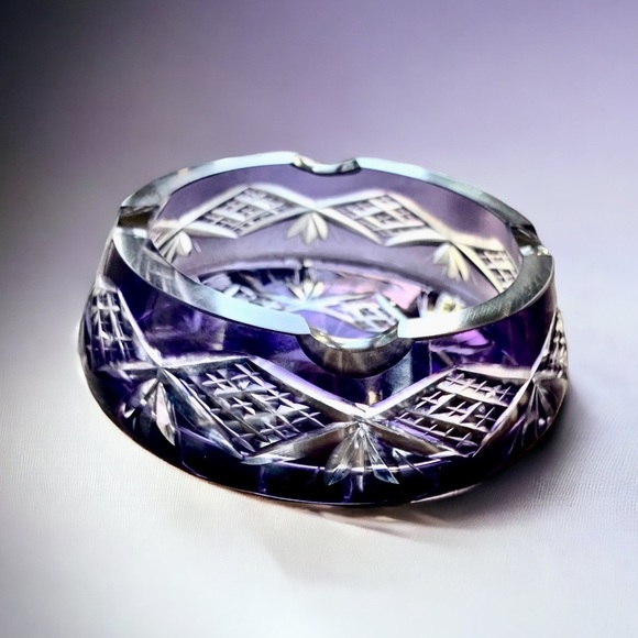 Unique Vintage Other - Bohemian Amethyst Violet Cut to Clear Crystal Glass Vtg Collectible Ashtray
